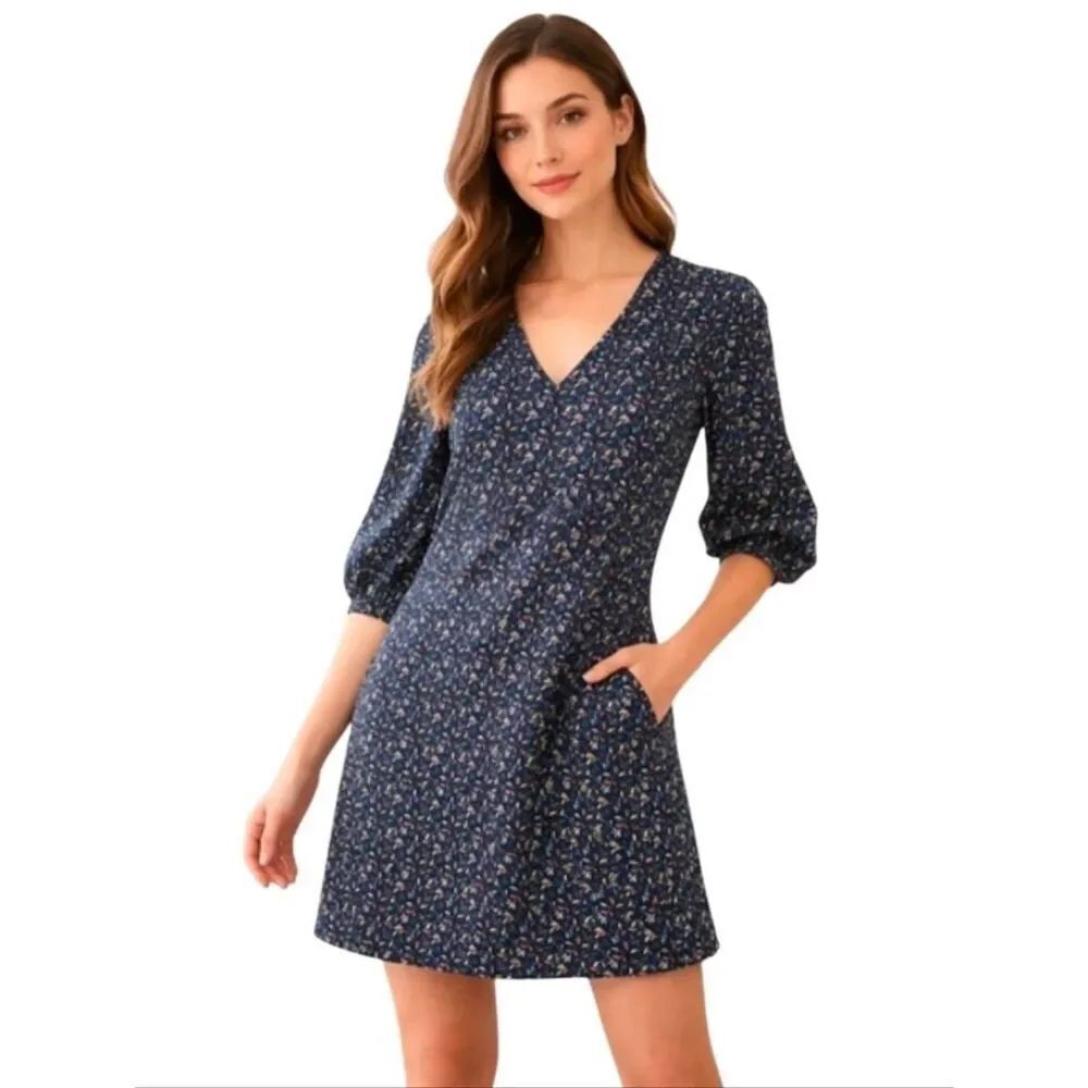 Amour Vert Julianne Blue Floral Silk Shift Dress Size Medium